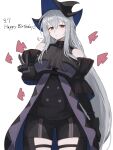  1girl arknights ascot bare_shoulders black_ascot black_gloves black_hat black_pants black_sleeves blue_hat closed_mouth clothing_cutout commentary cowboy_shot detached_sleeves gloves grey_hair hair_between_eyes happy_birthday hat highres infection_monitor_(arknights) long_hair looking_at_viewer mukipero pants puff_of_air red_eyes skadi_(arknights) solo standing thigh_cutout twitter_username two-sided_fabric two-sided_headwear v 