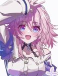  1girl arm_up black_choker blue_eyes blue_jacket blush bra_strap choker collarbone commentary flower_ornament gradient_clothes gradient_jacket highres honkai:_star_rail honkai_(series) jacket long_hair looking_at_viewer march_7th_(honkai:_star_rail) march_7th_(preservation)_(honkai:_star_rail) multicolored_eyes off-shoulder_jacket off_shoulder open_mouth pink_eyes pink_jacket rumi_(xafv5772) shirt simple_background single_bare_shoulder sketch smile solo two-tone_eyes v white_background white_shirt 