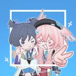  1boy 1girl alternate_costume alternate_hairstyle aracanthus38633 backpack bag bare_shoulders beret black_bag black_eyes black_hair black_hat black_necktie blue_background blue_necktie blue_wings blunt_ends blush_stickers border chain cheek-to-cheek choppy_bangs collared_shirt commentary contemporary cosplay costume_switch crossed_bangs detached_sleeves feathers fingernails genshin_impact gradient_wings hair_between_eyes hand_on_another's_shoulder hat head_wings heads_together linnea_(genshin_impact) linnea_(genshin_impact)_(cosplay) multicolored_wings necktie one_eye_closed outline own_hands_together pink_hair pink_nails pink_shorts pink_sweater_vest pink_wings pointy_ears pom_pom_(clothes) purple_bag scaramouche_(cat)_(genshin_impact) scaramouche_(genshin_impact) school_uniform shirt short_hair short_hair_with_long_locks short_sleeves shorts sidelocks sweatdrop sweater_vest triangle_mouth two_side_up undershirt untranslatable_commentary v v-shaped_eyebrows wanderer_(genshin_impact) wanderer_(genshin_impact)_(cosplay) white_border white_mouth white_outline white_shirt white_sleeves wings yellow_feathers 