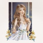  1girl absurdres aerith_gainsborough aerith_gainsborough_(white_floral_dress) bare_arms bare_shoulders border breasts brown_hair cleavage dress dress_flower final_fantasy final_fantasy_vii final_fantasy_vii_rebirth final_fantasy_vii_remake flower gold_trim green_eyes hand_on_own_chest highres jewelry leticia_bueno lily_(flower) long_hair medium_breasts multiple_necklaces necklace official_alternate_costume parted_bangs parted_lips rose sidelocks smile solo strapless strapless_dress wavy_hair white_border white_dress yellow_flower yellow_rose 