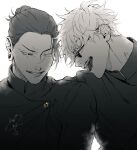  2boys buttons closed_eyes getou_suguru gojou_satoru greyscale hair_pulled_back jujutsu_kaisen jujutsu_tech_uniform kmskc_f male_focus monochrome multiple_boys one_eye_closed open_mouth plug_(piercing) round_eyewear short_hair simple_background white_background 