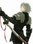  1boy aged_down aqua_eyes armor black_gloves black_jacket black_pants blood blood_on_weapon closed_mouth cowboy_shot final_fantasy final_fantasy_vii final_fantasy_vii:_ever_crisis gloves grey_hair hashtag-only_commentary highres holding holding_sword holding_weapon jacket katana light_smile male_focus pants parted_bangs pauldrons sephiroth sephiroth_(ever_crisis) short_hair shoulder_armor solo soten_sq sword weapon white_background 