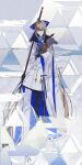  1girl aesc_(fate) aesc_(savior)_(fate) black_gloves blonde_hair blue_eyes bow commentary_request debg0423 fate/grand_order fate_(series) full_body fur_trim gloves hair_between_eyes hair_bow highres holding holding_polearm holding_weapon long_hair looking_at_viewer polearm ponytail simple_background solo standing very_long_hair weapon 