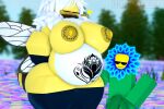 antennae_(anatomy) anthro areola areola_tattoo arthropod arthropod_abdomen balls bee big_butt blush blush_lines bodily_fluids breasts butt clothing collar dialogue duo elemental_creature english_text female flora_fauna flower flower_field food genitals grass green_body hair hand_on_butt hand_on_hip hands_behind_back heart_symbol honey_(food) hymenopteran insect insect_wings interspecies interspecies_pregnancy lactating lactating_honey larger_female legwear male male/female nipples nonalterna penis plant pregnant pregnant_anthro pregnant_female roblox signature size_difference smaller_male stockings text thigh_highs throbbing throbbing_penis tree unusual_bodily_fluids unusual_lactation white_hair wings womb_tattoo yellow_body