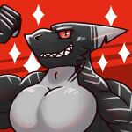 1:1 2026 aquatic barazoku black_body dorsal_fin dorsal_fin_scar fin fish grey_body grey_lines haha-yea hi_res looking_at_viewer male multicolored_body muscular muscular_male negashark pose shark smile sparkles tail