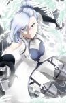  1girl asymmetrical_bangs bangs bird black_gloves blue_eyes blue_hair boots dutch_angle gloves grey_background highres looking_at_viewer rwby shaded_face solo sword thigh_boots thighhighs thighs weapon white_hair winter_schnee yaya_(y8ay8a) 