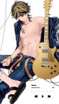  1boy 1girl black_hair blonde_hair closed_mouth collarbone commentary denim earrings electric_guitar guitar hanemiya_kazutora highres instrument jacket jeans jewelry male_focus male_underwear male_underwear_peek medium_hair mito_(jinzero) mole mole_under_eye multicolored_hair navel neck_tattoo nipples open_clothes open_fly open_jacket pants simple_background solo tattoo tokyo_revengers two-tone_hair underwear untranslatable_commentary white_background 
