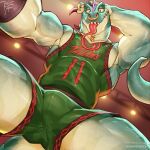 anthro athletic_wear basketball_jersey bonfiredemon bottomwear bulge claws clothing facial_piercing front_view goat_(movie) green_body green_scales gym_bottomwear gym_shorts hi_res komodo_dragon lip_piercing lizard long_tongue male modo_olachenko monitor_lizard nose_piercing nose_ring piercing reptile ring_piercing scales scalie shirt shorts solo tail tank_top thick_tail tongue tongue_out topwear