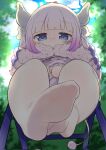  1girl bangs beads blue_eyes blunt_bangs chair clothes_lift cloud convenient_leg dragon_girl dragon_horns dress dress_lift feet foot_focus from_below hair_beads hair_ornament highres horns kanna_kamui kobayashi-san_chi_no_maidragon legs lifted_by_self long_hair looking_at_viewer looking_down no_shoes outdoors pink_dress pink_hair sakana_(wani) short_dress sitting sky soles solo tail thighhighs twintails white_legwear 