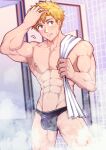  1boy abs absurdres akeuraji_tsukasa bara blonde_hair bulge commentary english_commentary highres indoors large_pectorals male_focus male_underwear medalist_(manga) muscular muscular_male nipples parted_lips pectorals short_hair solo steam tofuboyz topless_male towel towel_on_one_shoulder underwear variant_set yellow_eyes 