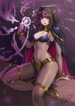  1girl black_hair blue_cape blunt_bangs bodystocking breasts cape casting_spell cleavage deliciousbrain fire_emblem fire_emblem_awakening gold_choker gold_shoes gold_thighlet groin high_heels highres jewelry large_breasts looking_at_viewer magic pelvic_curtain shoes sitting smile solo tharja_(fire_emblem) thighlet two_side_up 