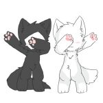  4_fingers ambiguous_gender anthro black_body black_fur blush canid canine canis changed_(video_game) chano chest_tuft dabbing duo eyes_obscured fingers fur lin_(changed) male mammal mask meme paws puro_(changed) simple_background tuft white_background white_body white_fur wolf 