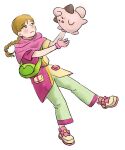  1girl bag blonde_hair blush braid chi.:_chikyuu_no_undou_ni_tsuite cleffa closed_mouth commentary_request contemporary crossover gloves hair_tie jolenta open_mouth pink_gloves pokemon pokemon_(creature) qmy2756 shoulder_bag simple_background smile white_background 