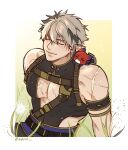  1boy absurdres armlet belt black_shirt brown_hair chest_belt chest_harness cleavage_cutout closed_eyes clothing_cutout creature creature_on_shoulder crimzon_ruze dandelion ear_piercing flower g0mmi grass harness highres hip_vent holostars holostars_english jewelry light_particles lips male_focus multicolored_hair multiple_belts on_shoulder pectoral_cleavage pectorals piercing pointy_ears ruzader_(crimzon_ruze) scar scar_on_chest scar_on_shoulder shirt short_hair shoulder_belt sitting sleeveless toned toned_male two-tone_hair upper_body virtual_youtuber 