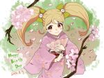  1girl blonde_hair blush blush_stickers bow branch brown_eyes brown_sash cherry_blossoms closed_mouth commentary_request danganronpa_(series) danganronpa_2:_goodbye_despair dated english_text eyelashes floral_print floral_print_kimono flower green_bow hair_bow hand_fan happy_birthday holding holding_fan japanese_clothes kimono kuuko_(inzm39) long_hair long_sleeves obi outdoors petals pink_flower pink_kimono pink_petals print_kimono saionji_hiyoko sash smile solo twintails 