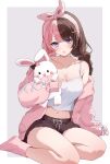  1girl absurdres black_hair black_shorts blue_eyes blush bow_hairband braid breasts camisole collarbone commentary_request hair_ornament hairband hairpin highres holding holding_stuffed_toy jacket large_breasts long_hair looking_at_viewer loungewear midriff multicolored_hair navel open_mouth pink_hair pink_hairband pink_jacket pink_socks ribbon shorts sitting socks split-color_hair stuffed_animal stuffed_rabbit stuffed_toy tachibana_hinano twin_braids virtual_youtuber vspo! white_camisole white_ribbon yokozuwari ysnhryk 