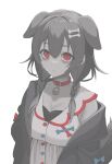  1girl absurdres animal_ears bags_under_eyes belt_collar black_jacket blue_bow bone_hair_ornament bow braid breasts buttons chobles21 cleavage closed_mouth collar collarbone collared_dress commentary dog_ears dog_girl dog_tail dress english_commentary frown grey_hair grey_tail hair_between_eyes hair_ornament hairclip highres hololive inugami_korone jacket large_breasts long_hair low_twin_braids muted_color off_shoulder open_clothes open_jacket parallel_hairclips paw_pendant pendant_collar red_bow red_collar red_eyes red_trim sidelocks simple_background sleeveless sleeveless_dress solo tail twin_braids upper_body upturned_eyes v-neck variant_set virtual_youtuber white_background white_dress 