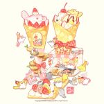  >_< +_+ animal banana banana_slice bow cherry chibi chibi_only chocolate_syrup commentary_request copyright_notice cream crepe display_case flying flying_squirrel food food_on_head fruit holding holding_food ice_cream korean_commentary korean_text leaf no_humans object_on_head original oversized_food oversized_object red_bow sign simple_background sparkle squirrel strawberry strawberry_slice talbi watermark white_background 