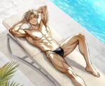  1boy abs absurdres armpits arms_behind_head back bulge chair closed_eyes groin highres knee_up large_pectorals lounge_chair lying male_swimwear male_underwear muscular muscular_male navel nipples palm_leaf parted_lips pectorals pool pubic_hair pubic_hair_peek smile sunbathing swim_briefs underwear 