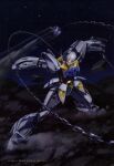  1990s_(style) absurdres artist_request battle chain debris desert dust_cloud glowing glowing_eyes gundam gundam_perfect_file highres lens_flare magazine_scan mecha mecha_focus mobile_suit night no_humans retro_artstyle robot rock scan science_fiction star_(sky) traditional_media turn_a_gundam turn_a_gundam_(mobile_suit) v-fin weapon yellow_eyes 