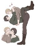  2boys blonde_hair blue_eyes boots brown_hair captain_america_the_first_avenger casual cheek_kiss dog_tags facial_hair heart hug james_buchanan_barnes kiss leg_lock lifting_person male_focus marvel multiple_boys namahamu_(hmhm_81) shirt stubble t-shirt yaoi 