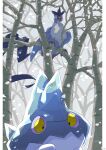  45_(maruyaki45) absurdres articuno bergmite birch_tree commentary_request highres ice_type_theme_(pokemon) looking_at_another no_humans on_branch pillarboxed pokemon pokemon_(creature) pokemon_focus red_eyes snowing tree yellow_eyes 