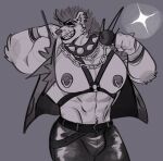 2023 absurd_res alternative_fashion anthro barazoku belt bracelet bulge chain_necklace clothed clothed_anthro clothed_male clothing collar digital_drawing_(artwork) digital_media_(artwork) ear_piercing electronics facial_piercing grey_background grin hair harness hi_res holding_microphone holding_object hyena jacket jewelry male male_anthro mammal melaisen microphone monochrome muscular muscular_anthro muscular_male necklace nipple_piercing nipples nose_piercing nose_ring piercing portrait punk ring_piercing sharp_teeth simple_background smile solo sparkles spiked_collar spikes teeth three-quarter_portrait topwear