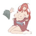  1boy 1girl absurdres ahoge artist_name bath_yukata breasts disembodied_limb exposure go-toubun_no_hanayome highres japanese_clothes kimono large_breasts long_hair lordkido nakano_itsuki nipples off_shoulder open_mouth out_of_frame red_hair simple_background solo_focus tabi trembling uesugi_fuutarou white_background yukata 