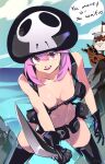  1girl bangs black_legwear blue_sky boat breasts cloud cloudy_sky cowboy_shot english_text hat holding holding_sword holding_weapon jakuzure_nonon kill_la_kill looking_at_viewer medium_breasts medium_hair navel nudist_beach_uniform open_mouth optionaltypo pink_eyes pink_hair pirate_ship shadow sky smile solo speech_bubble sword thighhighs watercraft weapon 