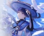  1boy anemo_symbol_(genshin_impact) animal_on_shoulder armor belt bird bird_on_shoulder black_belt black_bodysuit black_bow blue_cape blue_flower blue_gem blue_hat blue_jingasa blue_kimono blue_sky blue_sleeves blunt_ends bodysuit bouquet bow cape choppy_bangs cloud cloudy_sky dove dutch_angle eyelashes eyeliner feathers flower gem genshin_impact gold gold_ring hand_up hat highres holding holding_bouquet japanese_armor japanese_clothes jingasa juban kimono kote kurokote layered_sleeves leaf lens_flare looking_up makeup male_focus mandala mandarin_collar middle_ring open_clothes open_kimono outdoors parted_lips pom_pom_(clothes) portrait purple_eyes purple_flower purple_hair purple_rope purple_sash rainyu_01 red_eyeliner rope sash scaramouche_(genshin_impact) short_sleeves side_cape sky solo vision_(genshin_impact) wanderer_(genshin_impact) white_bird white_flower white_kimono white_mouth white_sleeves white_trim yellow_feathers 