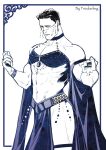  1boy abs arabian_clothes armlet bare_shoulders batman batman_(series) black_hair blue_dress blue_eyes blue_gem bracelet bracer brooch bruce_wayne bulge commentary crossdressing crossdressing_(mtf) dancer dc_comics dress earrings english_commentary frieda_li gem harem_outfit highres jewelry male_focus mature_male mouth_veil muscular muscular_male neck_ring necklace no_panties pectorals pelvic_curtain penis revealing_clothes ring see-through_clothes see-through_veil short_hair thighlet thighs veil 