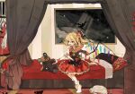  1girl ascot bed blanket blonde_hair bow canopy_bed clothes_hanger commentary drawer dress fingernails flandre_scarlet hair_bow hat hawikara highres indoors on_bed one_side_up open_mouth painting_(object) pillow puffy_short_sleeves puffy_sleeves red_dress red_nails sharp_fingernails short_sleeves single_wrist_cuff sitting smile socks solo stuffed_animal stuffed_toy teddy_bear touhou untranslatable_commentary unworn_clothes unworn_hat unworn_headwear white_socks wings wrist_cuffs yellow_ascot 