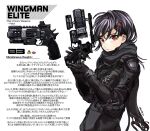  1girl b3_wingman_elite bangs black_bodysuit black_gloves black_hair black_scarf bodysuit english_commentary gloves gun hair_behind_ear hair_ornament hairclip holding holding_gun holding_weapon kotone_a looking_at_viewer personification red_eyes red_hair revolver scarf short_hair solo titanfall_(series) titanfall_2 weapon white_background 