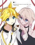  1boy 1girl candy chocolate food happy_valentine heart heart-shaped_chocolate heart-shaped_food hetero highres ia_(vocaloid) ia_(vocaloid6) kagamine_len kagamine_len_(nt) korean_text newkyom translation_request valentine vocaloid 