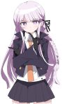  1girl bangs black_gloves black_ribbon black_skirt blunt_bangs commentary_request danganronpa:_trigger_happy_havoc danganronpa_(series) eyebrows_visible_through_hair gloves hair_ribbon ixy kirigiri_kyouko long_hair long_sleeves looking_at_viewer necktie orange_neckwear pleated_skirt purple_eyes purple_hair ribbon shirt simple_background skirt solo white_background white_shirt 