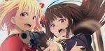  2girls back black_hair blonde_hair blue_jacket blurry blurry_background brown_eyes gun holding holding_gun holding_weapon inoue_takina jacket long_hair lycoris_recoil multiple_girls nishikigi_chisato open_mouth portrait red_eyes red_jacket school_uniform sengoku_chidori shirt short_hair teeth upper_teeth_only weapon white_shirt 