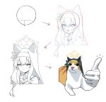  1girl absurdres animal_ear_headwear animal_ears arrow_(symbol) black_veil blue_archive blush cat cat_ears circle coif commentary cropped_shoulders flower hair_over_shoulder halo highres how_to_draw_a_chibi_(meme) lineart long_hair looking_at_viewer making-of mari_(blue_archive) meme nun omokuri sketch smile thumbs_up veil white_flower yellow_halo 