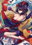  1girl absurdres artist_name bangs barefoot black_hair blue_eyes breasts brush caiman-pool cleavage fate/grand_order fate_(series) hair_ornament highres japanese_clothes katsushika_hokusai_(fate) kimono large_breasts looking_at_viewer looking_up obi paintbrush parted_lips sash short_hair solo 