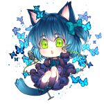  1boy :o animal_ear_fluff animal_ears aqua_bow bare_shoulders black_shoes black_socks blue_butterfly blue_dress blue_hair blue_jacket blue_tail blush bow bug butterfly cat_boy cat_ears cat_tail center_frills chibi chibi_only colored_eyelashes commentary commission convenient_leg crossdressing crossdressing_(mtf) dress english_commentary eyes_visible_through_hair fang footwear_bow frilled_dress frills full_body fur-trimmed_jacket fur_trim green_eyes hair_between_eyes hair_bow hand_up holding holding_microphone_stand invisible_chair jacket jacket_partially_removed kneehighs knees_up long_sleeves looking_ahead male_focus microphone_stand one_side_up open_clothes open_jacket open_mouth puffy_long_sleeves puffy_sleeves ryoune_yami shoes short_dress short_hair simple_background sitting skin_fang sleeveless sleeveless_dress slit_pupils socks solo swept_bangs tail tareme tongue trap ultracat utau v white_background 