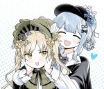  2girls :d behind_another black_bow black_bowtie black_capelet black_flower black_hat black_rose blonde_hair blue_flower blue_hair blue_necktie blue_rose blush bonnet bow bowtie capelet chinstrap closed_eyes collared_shirt deerstalker facing_viewer flower ggulchoo green_bonnet green_eyes hair_flower hair_ornament hair_rings hands_on_another's_cheeks hands_on_another's_face hat hat_bow heart heart-shaped_mouth long_sleeves looking_at_another looking_to_the_side mahou_shoujo_no_majo_saiban multiple_girls necktie open_mouth rose shirt short_hair smile tachibana_sherry tono_hanna twintails upper_body white_bow white_flower white_rose white_shirt yellow_flower yellow_rose 