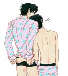  2boys anger_vein animal_print black_hair black_male_underwear boxers fish_print from_behind hashtag-only_commentary head_on_another's_shoulder hickey highres kim_dokja kitty7love37393 male_focus male_underwear multiple_boys musical_note no_pants shirt short_hair t-shirt topless_male underwear upper_body yaoi yoo_joonghyuk 