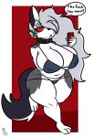  absurd_res anthro big_breasts bikini breasts canid canid_demon cellphone cleavage clothed clothing collar demon female grey_body hellhound helluva_boss hi_res kingretrokirby loona_(vivzmind) mammal nipple_outline phone red_sclera solo swimwear thick_thighs white_body wide_hips 