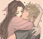  1boy 1girl aerith_gainsborough arms_around_neck blonde_hair brown_hair closed_eyes cloud_strife couple earrings final_fantasy final_fantasy_vii grey_shirt hair_between_eyes hair_ribbon hetero highres jewelry kiss light_blush parted_bangs pink_background pink_ribbon pink_shirt ribbon sageixx shirt short_hair sidelocks simple_background single_earring sketch spiked_hair upper_body 