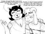 2026 4:3 anthro asriel_dreemurr big_breasts black_and_white blush boss_monster_(undertale) bovid breasts caprine catty_cattenheimer cleavage clothed clothing comic deltarune dialogue domestic_cat duo embarrassed english_text fangs felid feline felis female goat hi_res horn komododad male mammal monochrome teeth text undertale undertale_(series)
