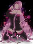  black_dress black_footwear black_sleeves blindfold blindfold_lift boots breasts cleavage collar detached_sleeves dress fate/grand_order fate/stay_night fate_(series) glasses kneeling long_hair medusa_(rider)_(fate) namahamu_(hmhm_81) nameless_dagger_(fate) purple_collar purple_hair reverse_grip short_dress strapless strapless_dress thigh_boots thighhighs very_long_hair 