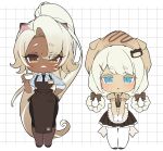  2girls absurdly_long_hair alternate_costume alternate_hairstyle animal_ears animal_hat apron bare_arms black_dress black_pantyhose black_shoes black_skirt blue_eyes blue_shirt blush bow braid braided_hair_rings breasts brown_apron brown_bow brown_hat brown_shirt cat_ears cat_girl chibi chibi_only chocolate_syrup closed_mouth collared_shirt colored_eyelashes commentary_request cookie_run cookie_run:_kingdom cream_puff_cookie cup curtained_hair dark-skinned_female dark_skin dog_hat dress expressionless eyes_visible_through_hair facial_mark frilled_apron frills full_body gloves gradient_hair grid_background hair_bow hair_ornament hair_over_one_eye hair_rings hand_on_own_chest hand_on_own_hip hand_up hat height_difference high_ponytail highres holding holding_cup humanization jitome korean_commentary latte_cookie legs_together long_hair looking_at_viewer low_twin_braids medium_breasts medium_skirt multicolored_hair multiple_girls ohta_guk_hip open_mouth pantyhose pencil_skirt pinky_out pinstripe_pattern pinstripe_shirt ponytail puffy_short_sleeves puffy_sleeves raised_eyebrows shirt shoes short_eyebrows short_sleeves side_slit skirt sleeveless sleeveless_dress smile standing straight-on streaked_hair swept_bangs teacup three-quarter_sleeves twin_braids two-tone_hair v_arms very_long_hair waist_apron whisker_markings white_apron white_background white_gloves white_hair white_pantyhose wide_hips 