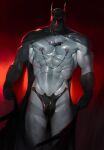  1boy abs absurdres bara batman biceps black_cape black_gloves black_thong bulge cape colored_skin gloves grey_skin highres nipple_piercing nipple_rings pectorals piercing qaisan ring_piercing standing 