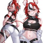  1girl absurdres animal_ear_fluff animal_ear_piercing animal_ears armband artist_name ass asymmetrical_clothes black_shirt black_streaks blue_eyes blush breasts cleavage cleavage_cutout clothing_cutout crop_top detached_sleeves double-parted_bangs earrings english_commentary fade_(haircut) fishnet_pantyhose fishnets glowing glowing_eyes hakos_baelz hakos_baelz_(6th_costume) highres hololive hololive_english jewelry large_breasts looking_at_viewer midriff mouse_ears mouse_tail multicolored_hair navel panties pantyhose red_eyes red_hair sharp_teeth shirt short_hair single_pantsleg slit_pupils smile soup_(soupysoull) standing streaked_hair tail teeth thighs tongue tongue_out underwear virtual_youtuber white_background white_hair white_panties 