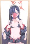  1girl ahoge belt bikini bikini_bottom_under_shorts bikini_under_clothes black_bikini black_hair black_jacket black_shorts black_wings blue_archive blush breasts cellphone clothes_pull cowboy_shot cross_halo feathered_wings halo highres holding holding_phone ichika_(blue_archive) ichika_(swimsuit)_(blue_archive) jacket long_hair long_sleeves low_wings mirror navel nipples off_shoulder open_clothes open_jacket open_shorts phone red_belt red_halo reflection selfie short_shorts shorts small_breasts smartphone solo stomach swimsuit taking_picture unusually_open_eyes wings yatani_row 