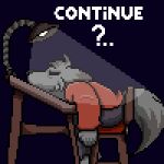 anthro big_tail black_bottomwear black_clothing black_pants bottomwear canid canine canis chair clothing continue_screen desk digital_media_(artwork) english_text fluffy fluffy_tail fur furniture furniture_lamp gameplay_mechanics grey_body grey_fur hair hi_res humanoid light light_beam male mammal office_chair on_chair pants pixel_(artwork) question_mark red_sweatshirt short_hair simple_background sitting sitting_on_chair sleeping sleeping_on_desk solo sweatshirt table tail text tired twtr wolf wolf_(twtr)
